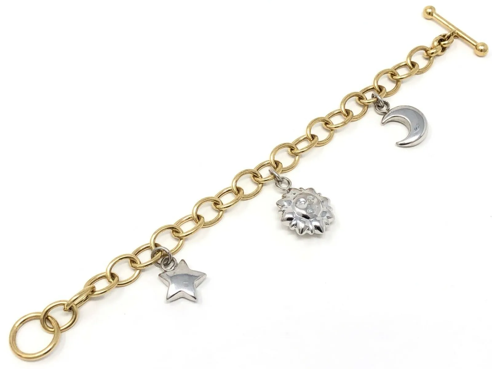 14k Two Tone Gold Moon Sun Star Charm Bracelet Hollow 7.5" 16 grams
