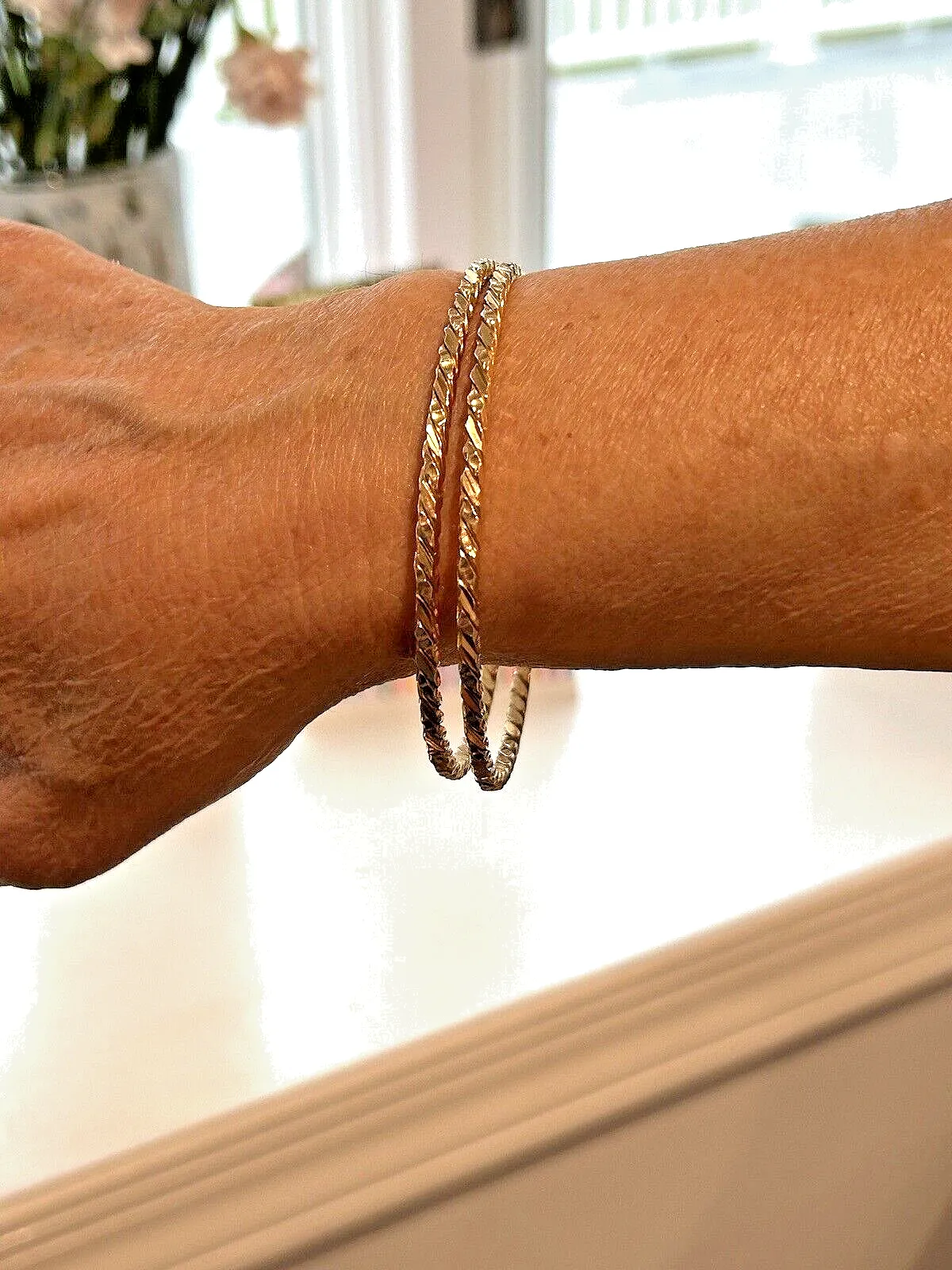 18k Gold Solid Bangle Bracelets Pair Lg - 33.6 Grams