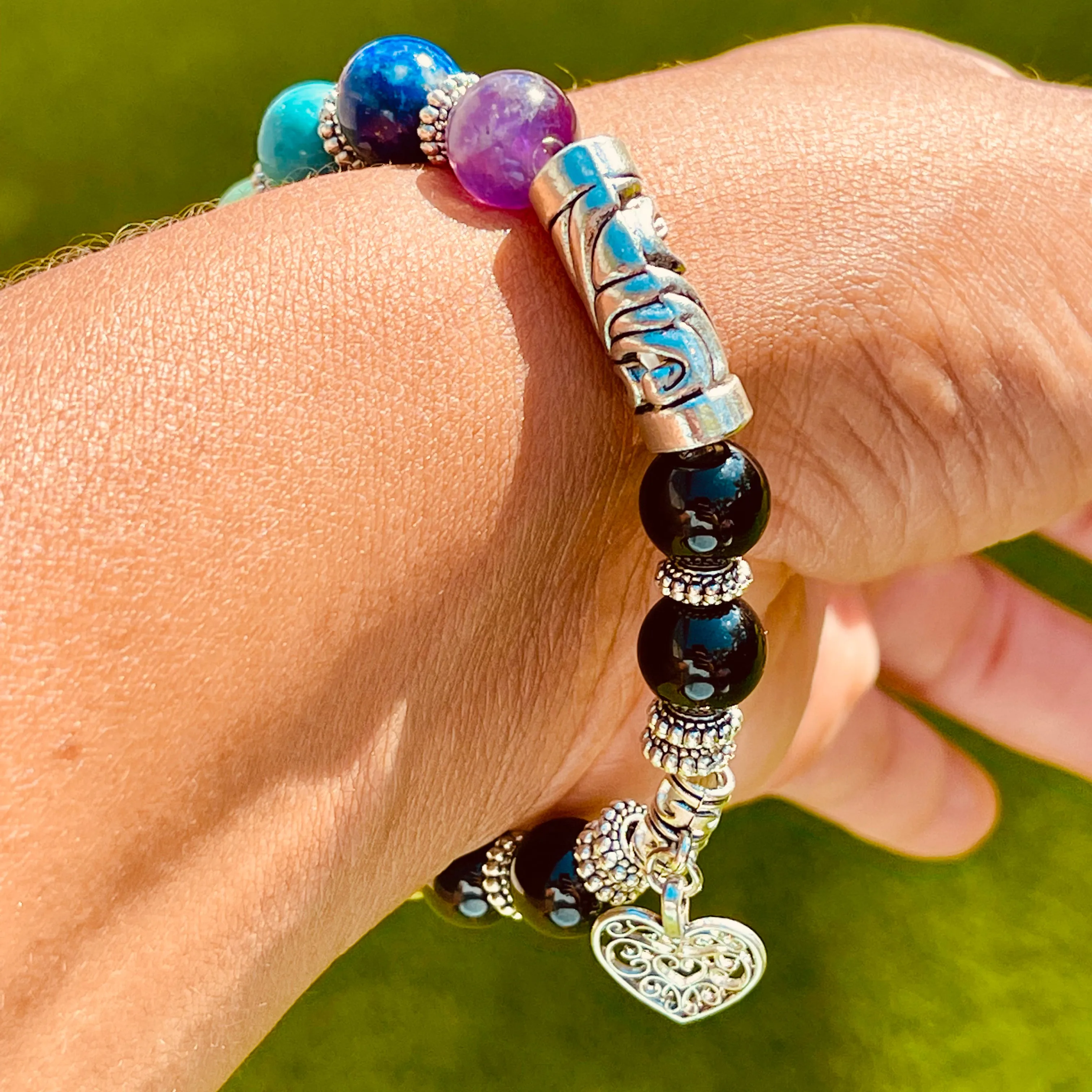 7 Chakra Bracelet with Heart Charm - 8mm