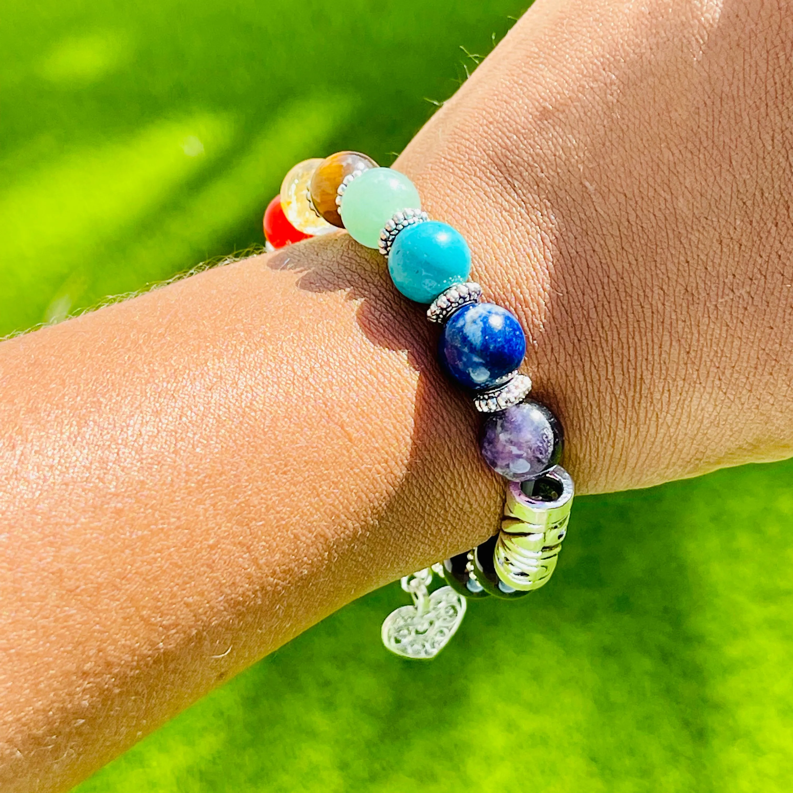 7 Chakra Bracelet with Heart Charm - 8mm