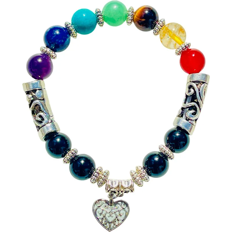 7 Chakra Bracelet with Heart Charm - 8mm