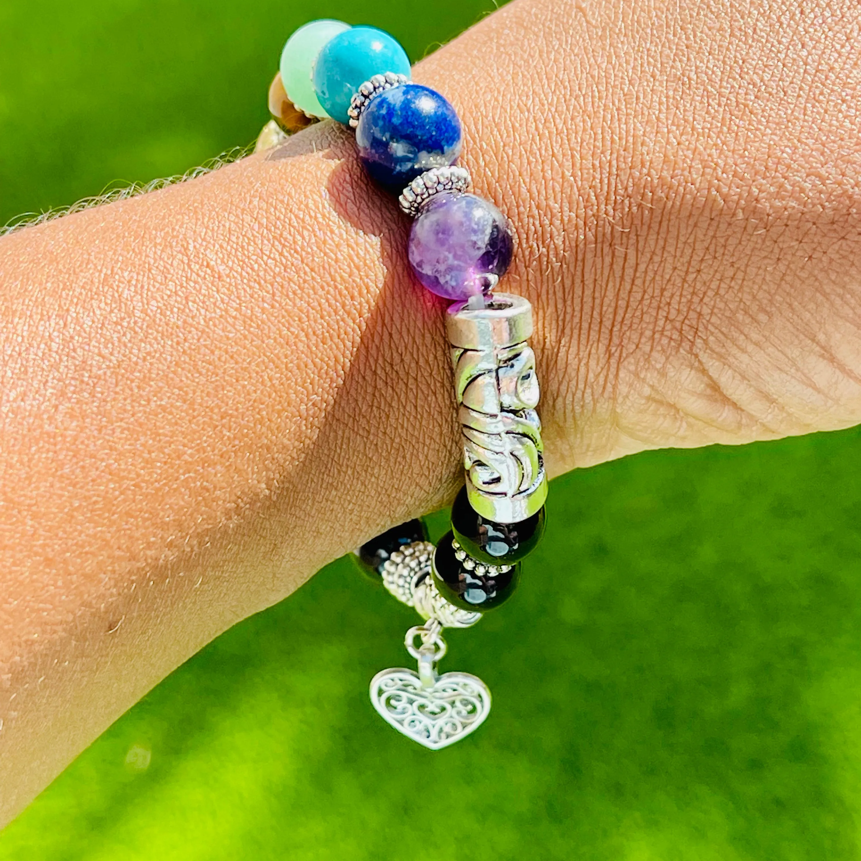 7 Chakra Bracelet with Heart Charm - 8mm