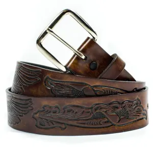 A106  1 1/2" Antique Finish Belt- Eagle w/ Floral Scroll