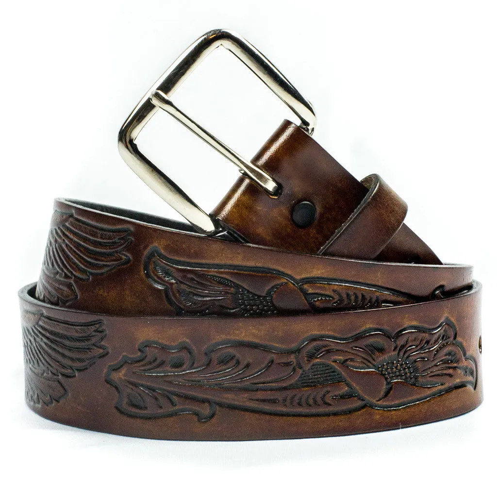 A106  1 1/2" Antique Finish Belt- Eagle w/ Floral Scroll