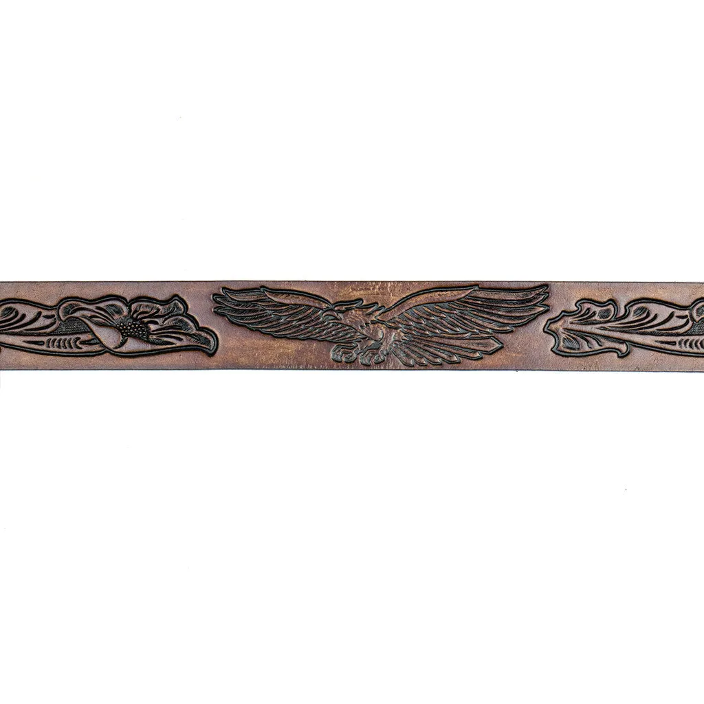 A106  1 1/2" Antique Finish Belt- Eagle w/ Floral Scroll