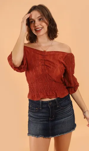 ADALEE 2-way Smocked Lace Top (Rust)