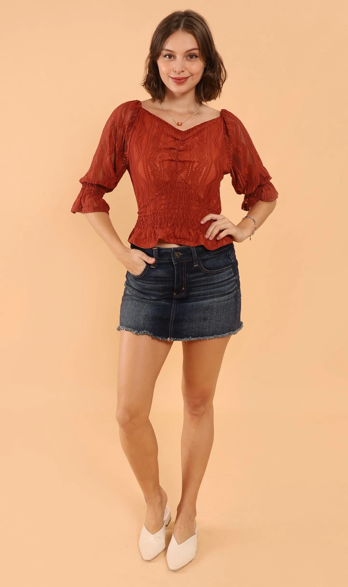 ADALEE 2-way Smocked Lace Top (Rust)
