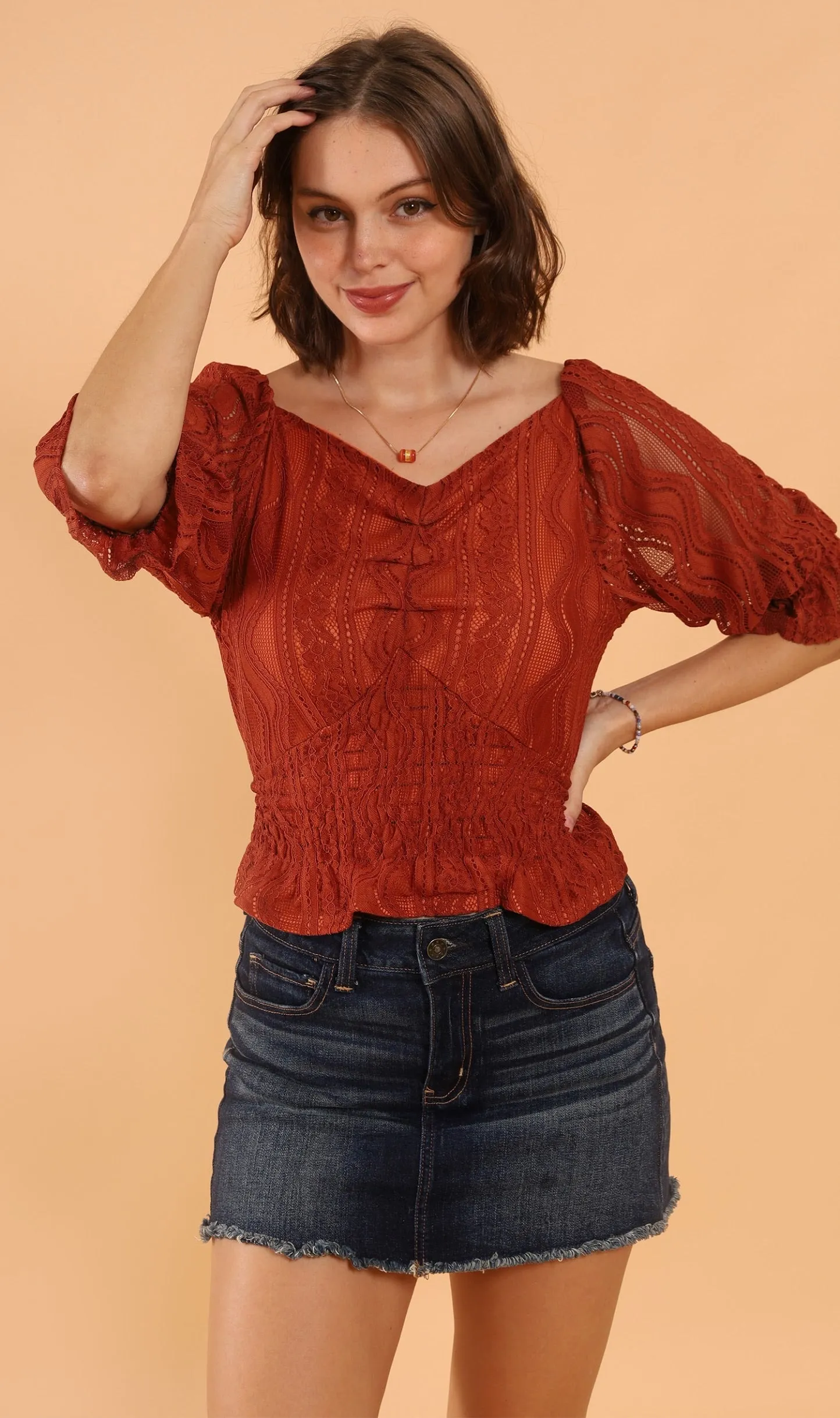 ADALEE 2-way Smocked Lace Top (Rust)