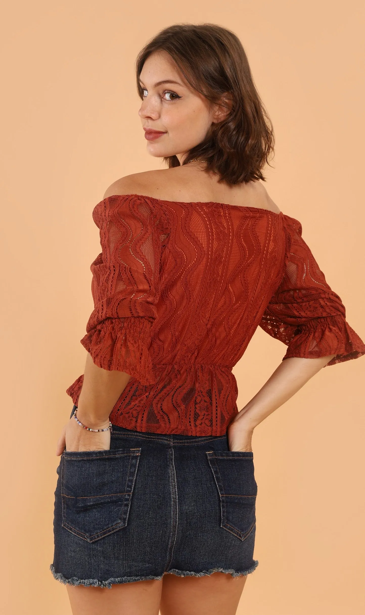 ADALEE 2-way Smocked Lace Top (Rust)
