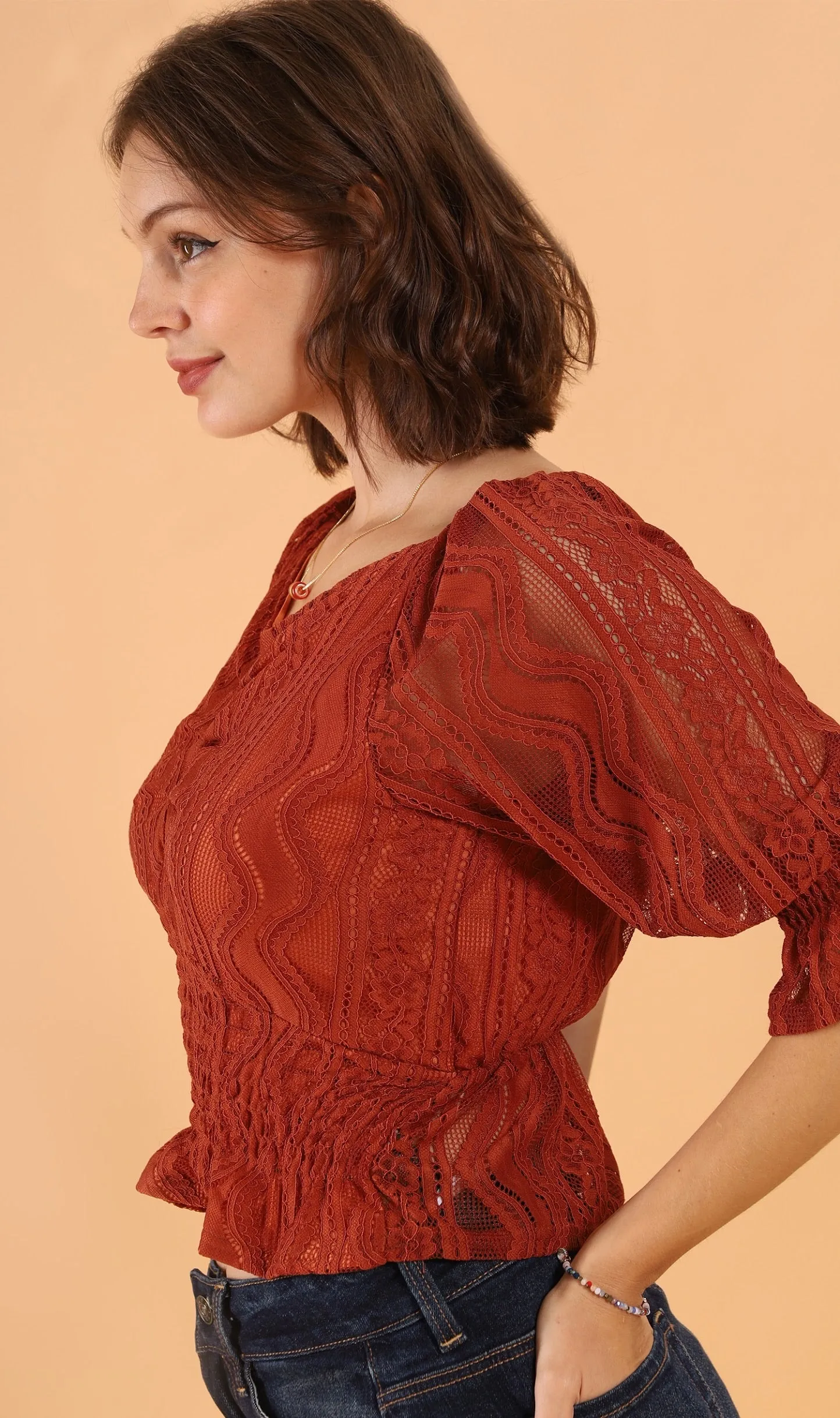 ADALEE 2-way Smocked Lace Top (Rust)