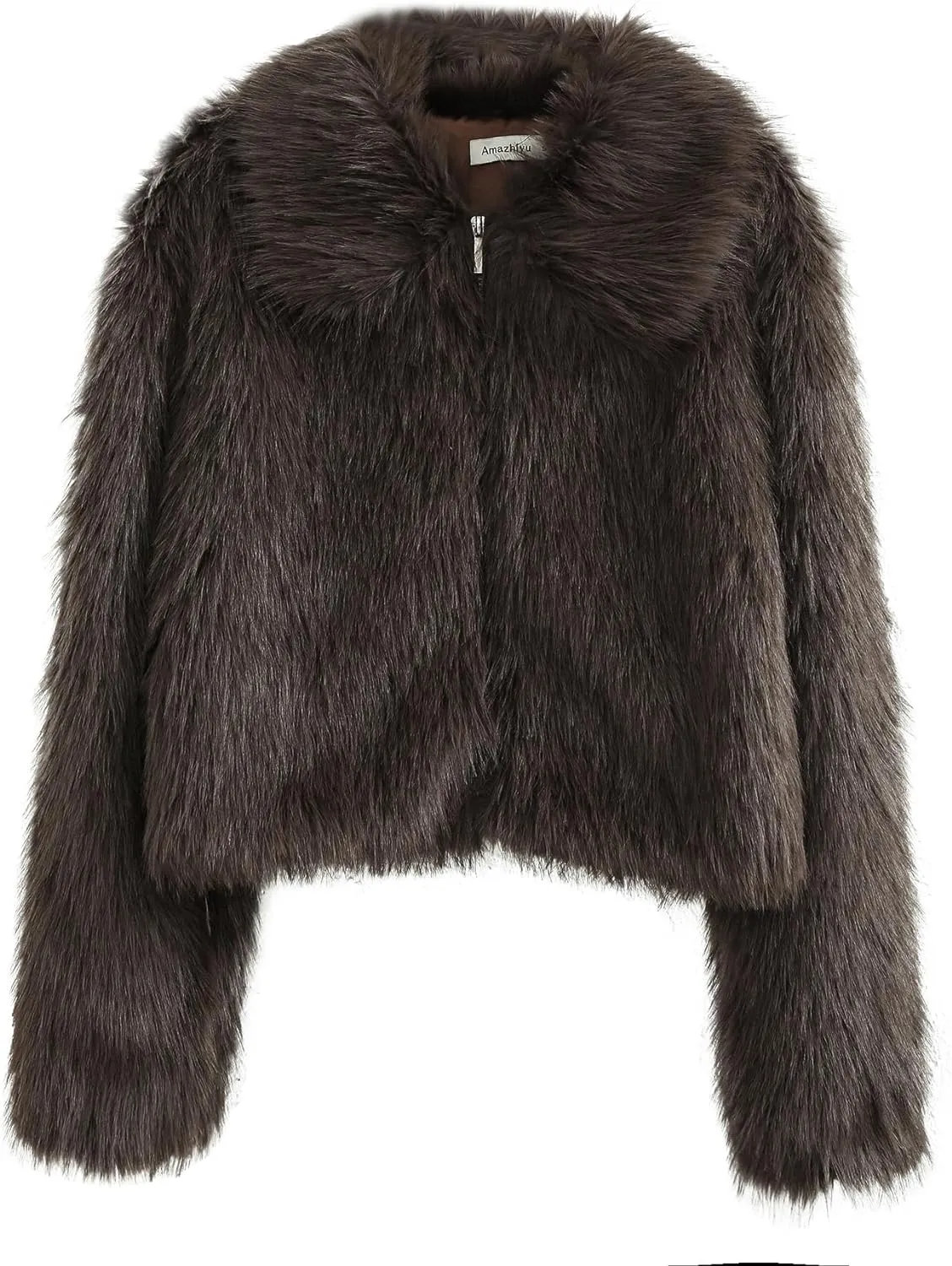 Amazhiyu Womens Faux Fur Zip-Up Cropped Jacket