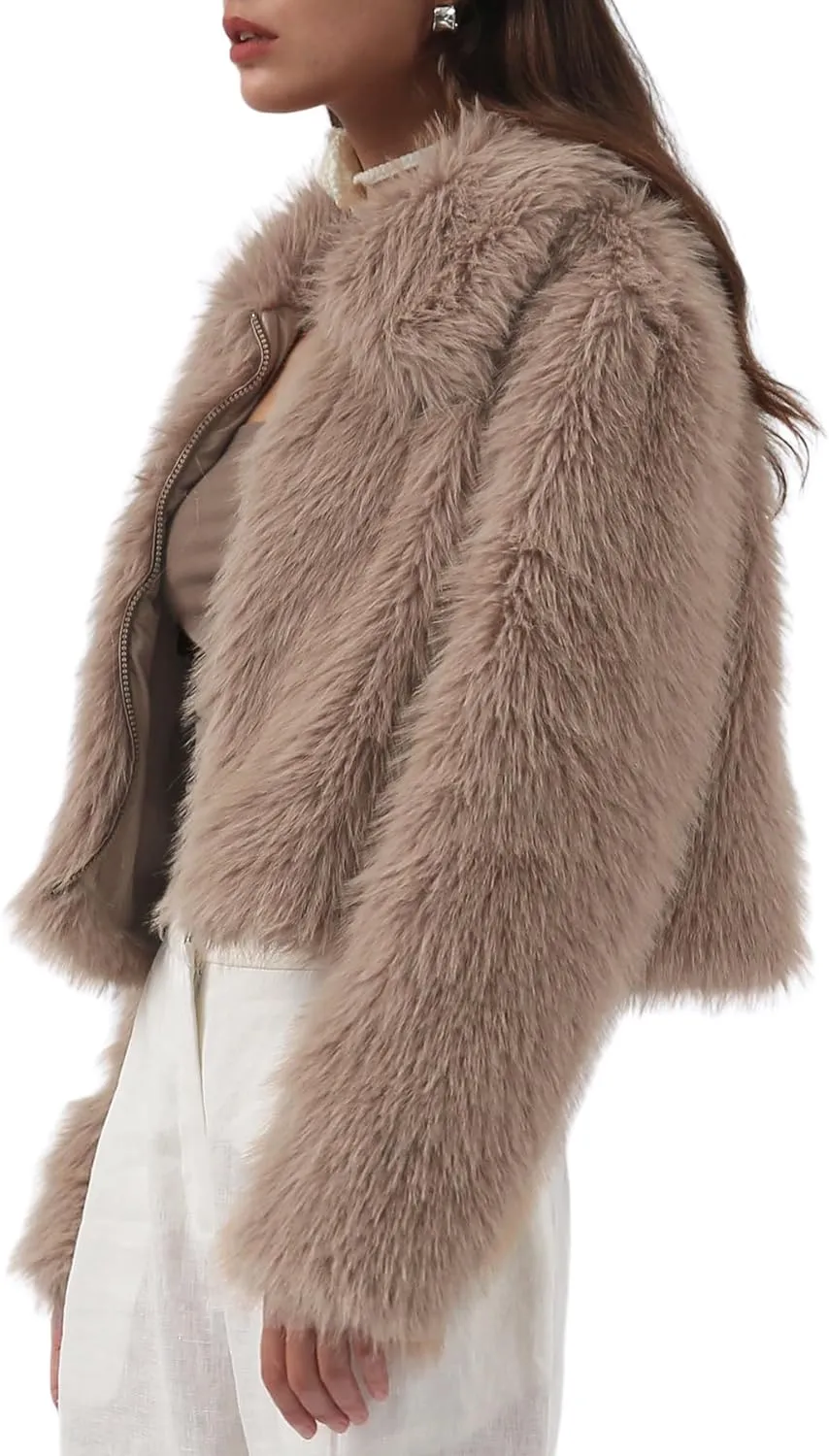 Amazhiyu Womens Faux Fur Zip-Up Cropped Jacket