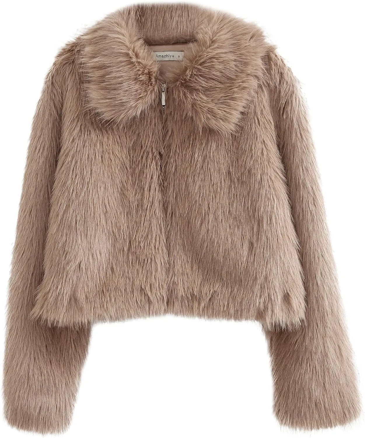 Amazhiyu Womens Faux Fur Zip-Up Cropped Jacket