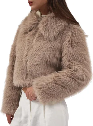 Amazhiyu Womens Faux Fur Zip-Up Cropped Jacket