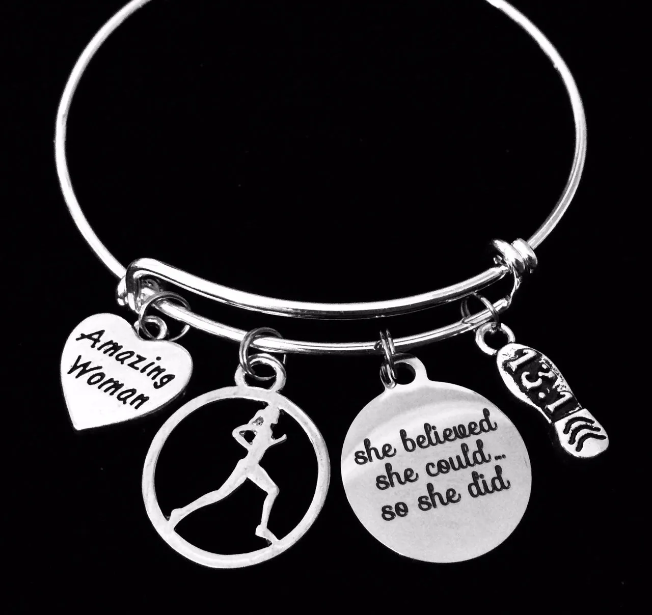 Amazing Woman Expandable Charm Bracelet 13.1 Marathon Race Silver Adjustable Wire Bangle One Size Fits All Gift