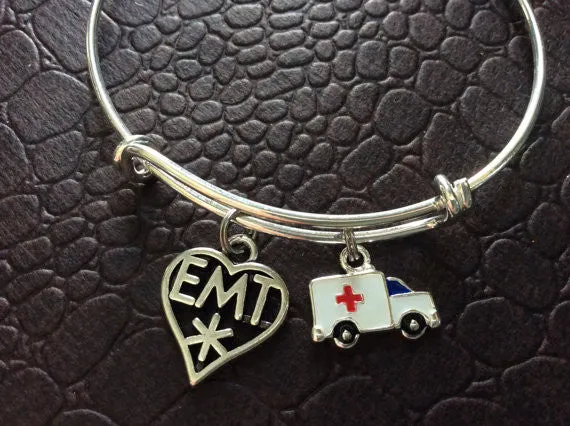 Ambulance and EMT Medical Charm on a Silver Expandable Adjustable Bangle Bracelet Paramedic EMT One Size Fits All