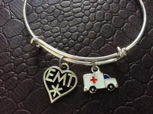 Ambulance and EMT Medical Charm on a Silver Expandable Adjustable Bangle Bracelet Paramedic EMT One Size Fits All