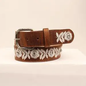 Angel Ranch Brown Leather Belt with White Floral Embroidery & Rhinestones