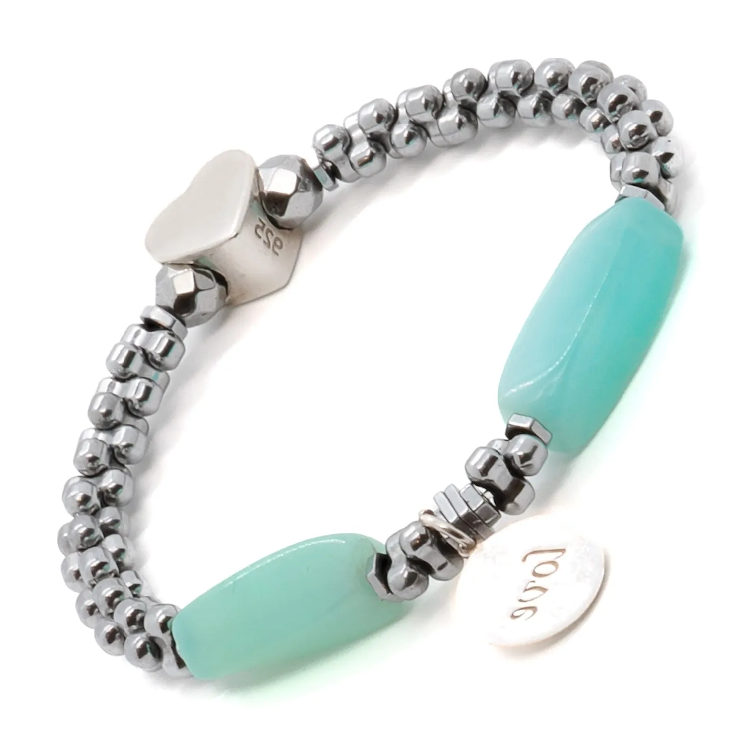 Aquamarine & Hematite Stone Sterling Silver Love Charm Bracelet