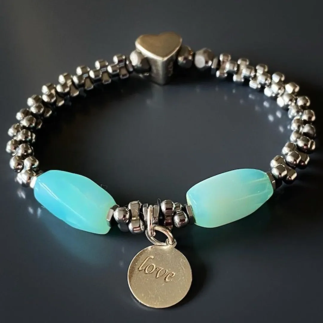 Aquamarine & Hematite Stone Sterling Silver Love Charm Bracelet