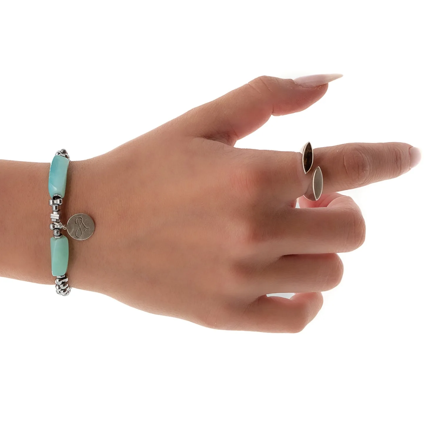 Aquamarine & Hematite Stone Sterling Silver Love Charm Bracelet