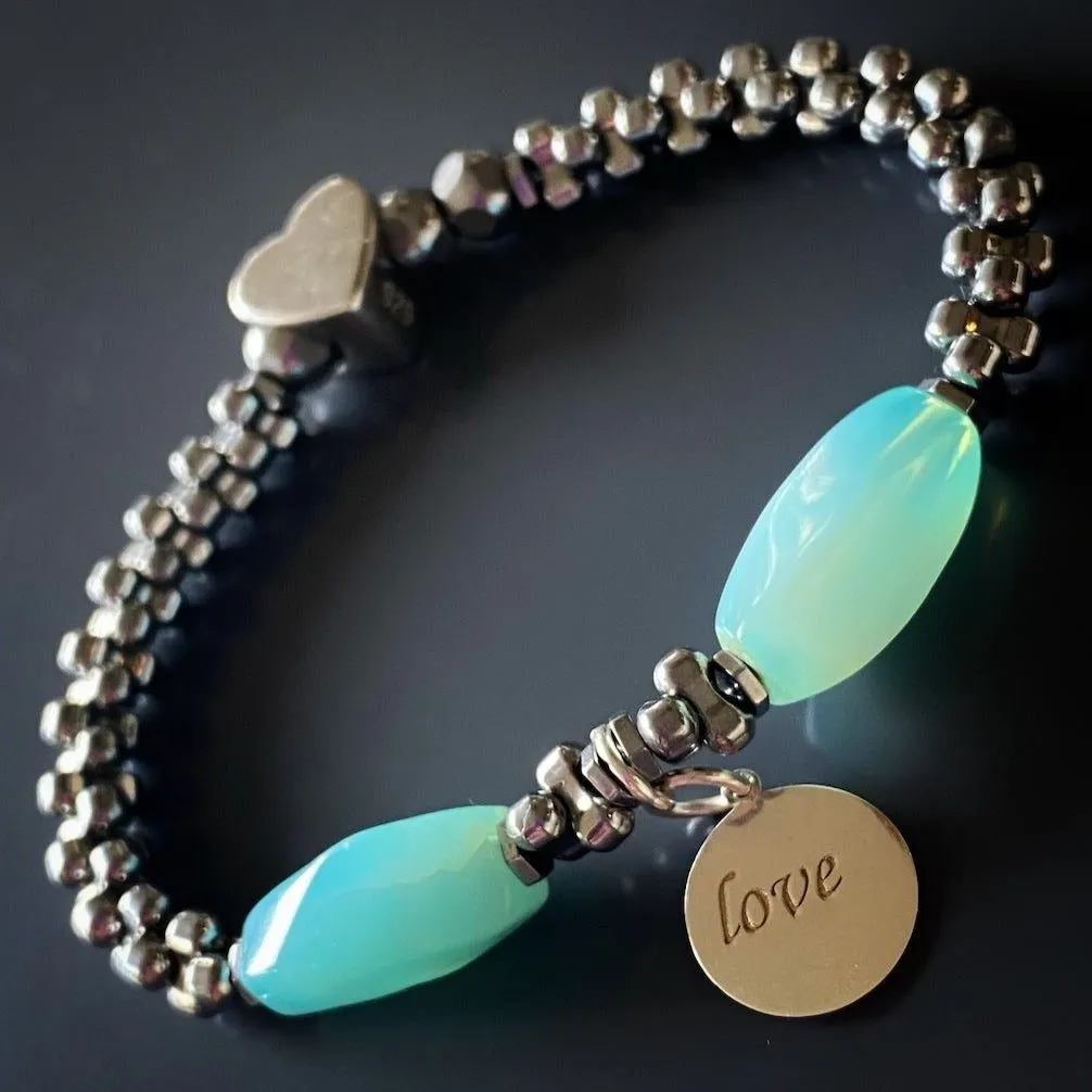 Aquamarine & Hematite Stone Sterling Silver Love Charm Bracelet