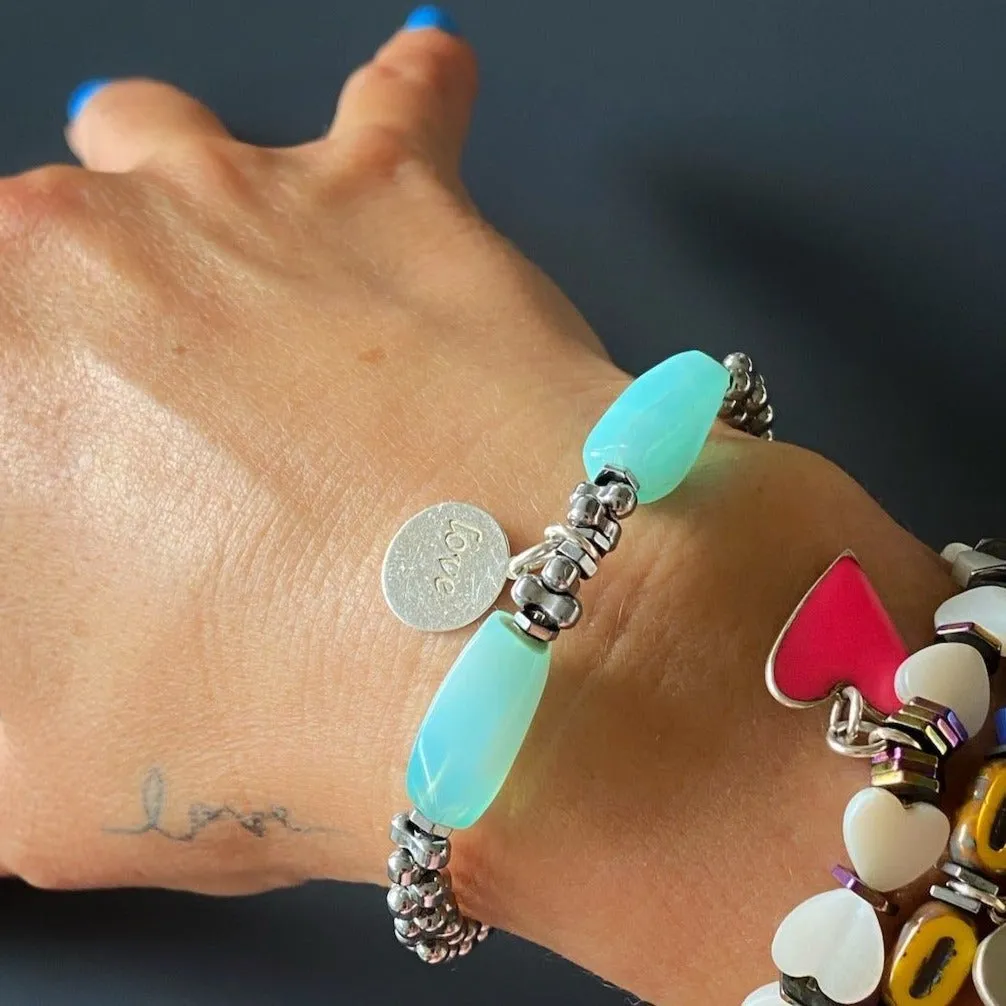 Aquamarine & Hematite Stone Sterling Silver Love Charm Bracelet