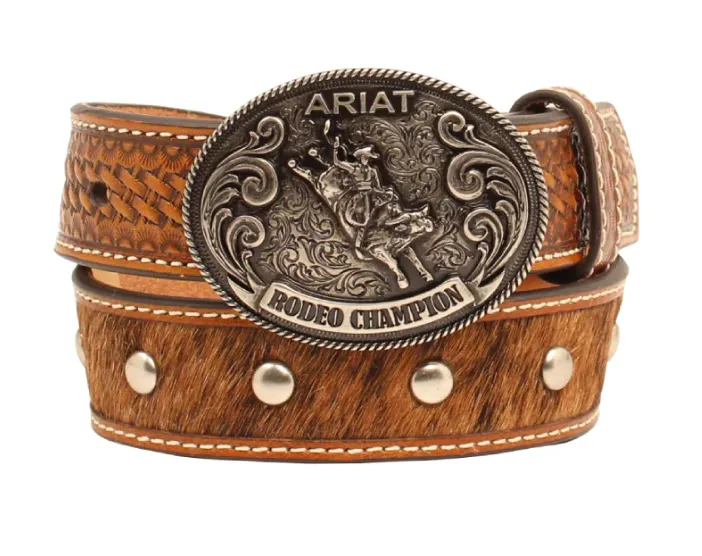 Ariat Kid's Calf Hair Brown Belt with Studs and Rodeo Champion Buckle