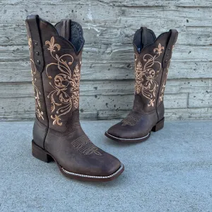 Artillero Brown Embroidered Wide Square Toe Boots