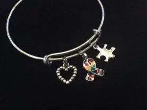 Autism Silver Puzzle Piece Awareness Ribbon Expandable Charm Bracelet Adjustable Wire Bangle Expandable Gift
