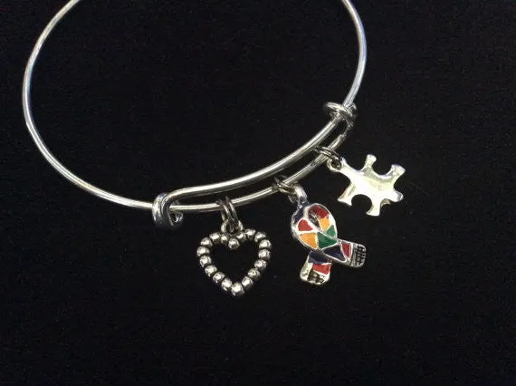 Autism Silver Puzzle Piece Awareness Ribbon Expandable Charm Bracelet Adjustable Wire Bangle Expandable Gift