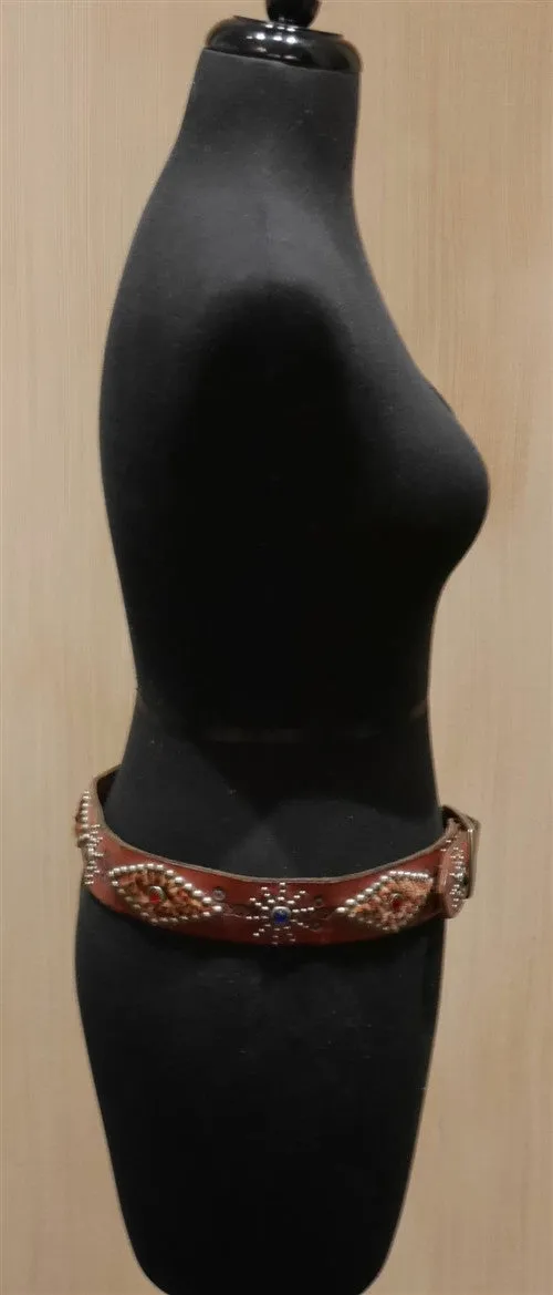 B-Low The Belt Leopard Inset Studded Tan Belt With Multi Colored Crystals