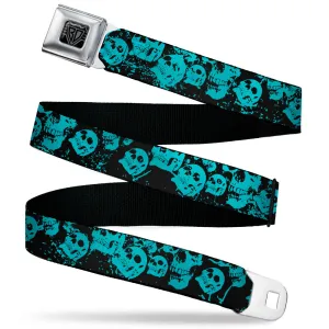 BD Wings Logo CLOSE-UP Black/Silver Seatbelt Belt - Skulls Stacked Weathered Black/Teal Webbing