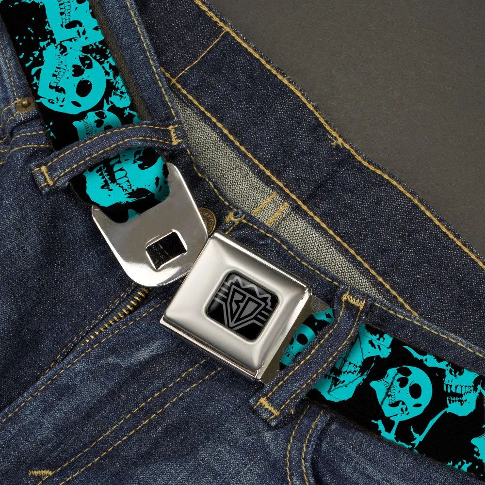 BD Wings Logo CLOSE-UP Black/Silver Seatbelt Belt - Skulls Stacked Weathered Black/Teal Webbing