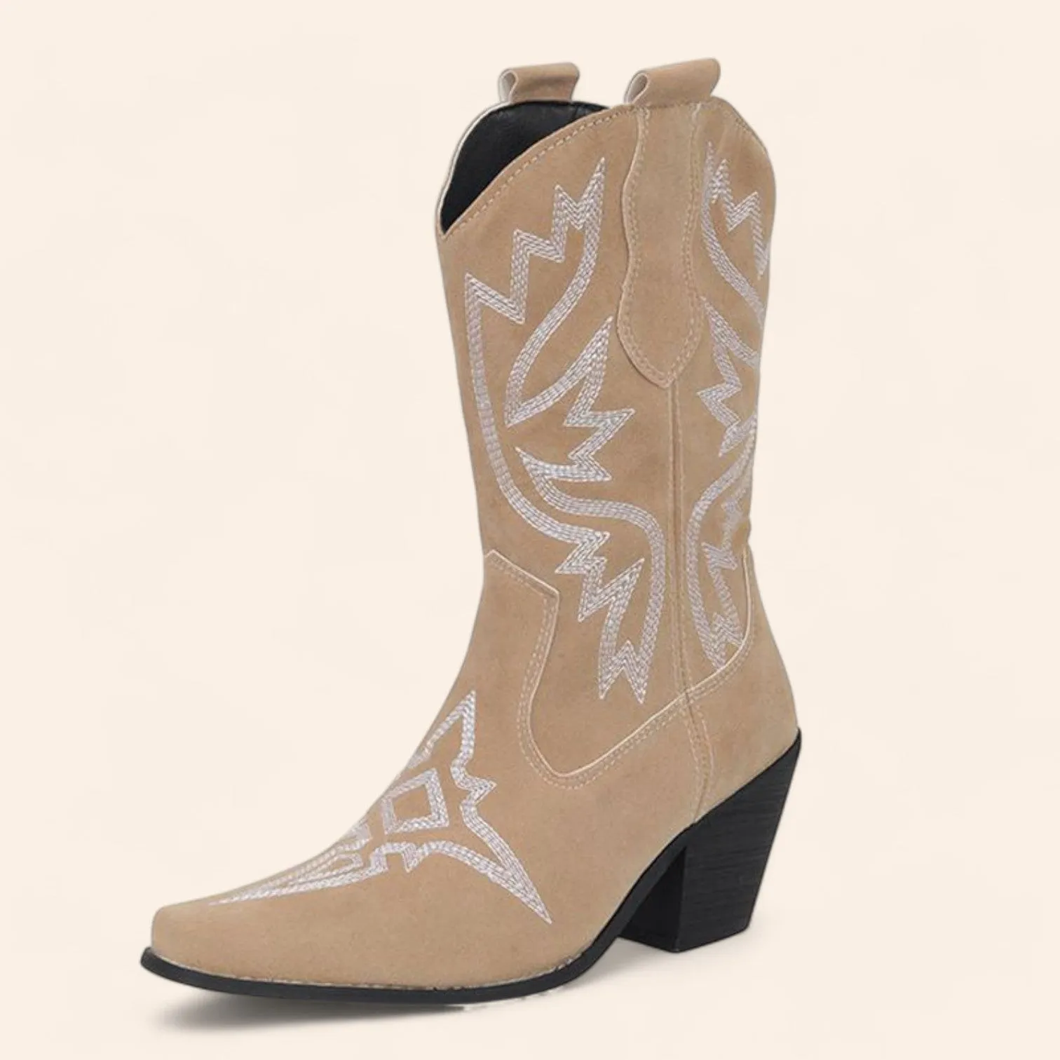 Beige cowboy boots with large embroidery and pointed toe - N°136