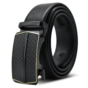 Black Adjustable Ratchet Slide Buckle Belt for Men - Genuine Leather Automatic Belt with No