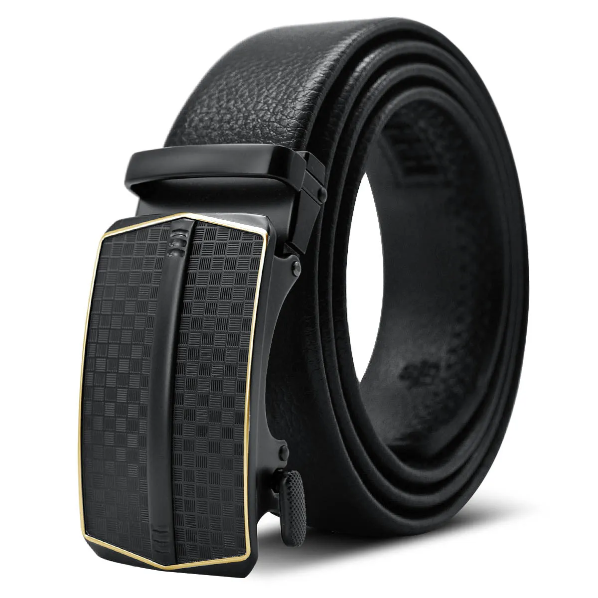 Black Adjustable Ratchet Slide Buckle Belt for Men - Genuine Leather Automatic Belt with No