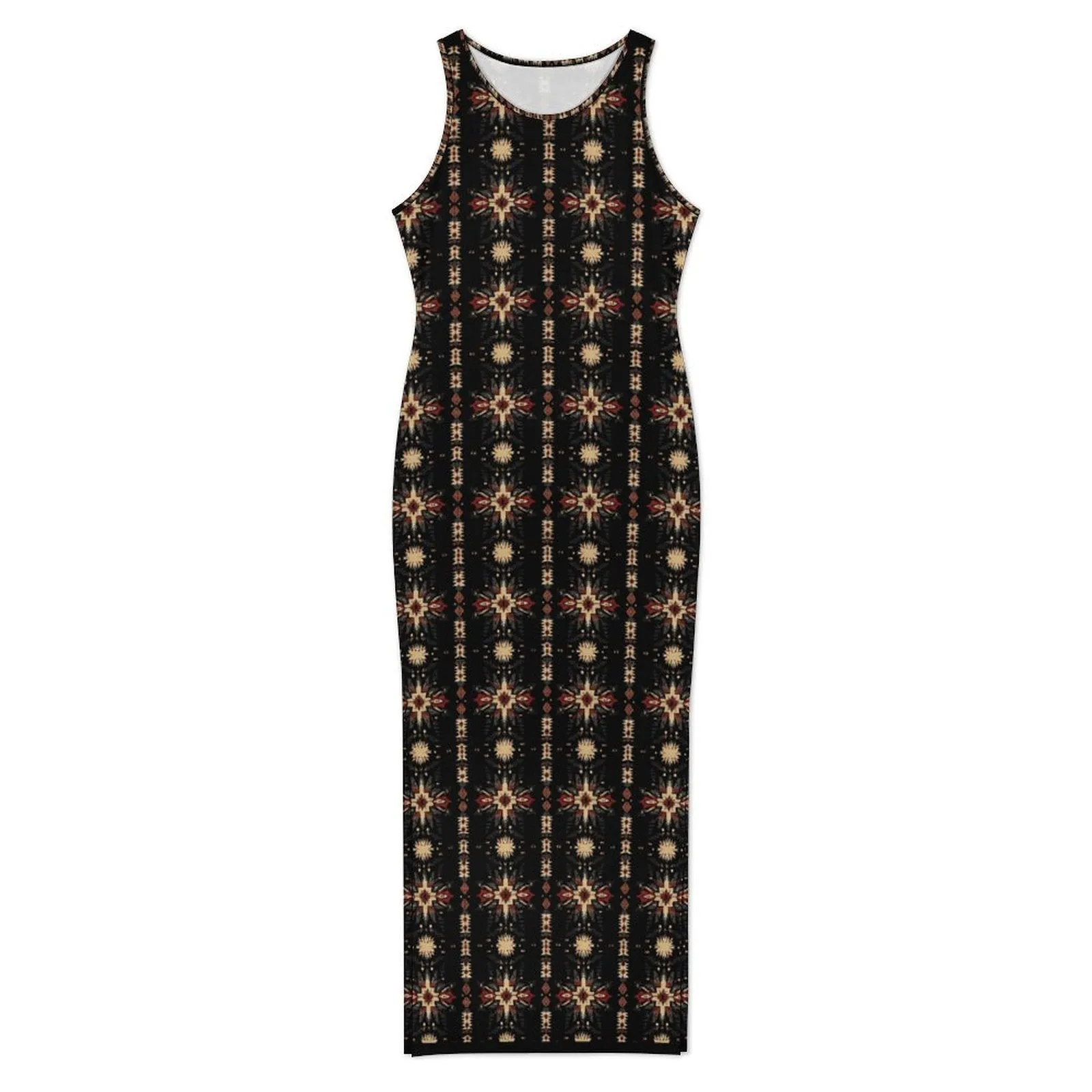 Black and Tan Aztec Sleeveless Bodycon Side Slit Maxi Dress