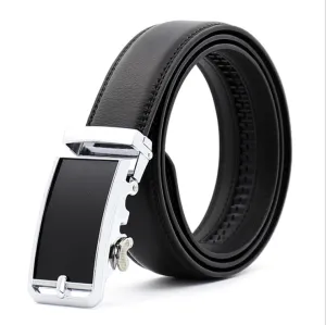 Black Belt Black Silver Buckle Mens Adjustable Ratchet Slide Buckle Belt - Genuine Leather Automatic