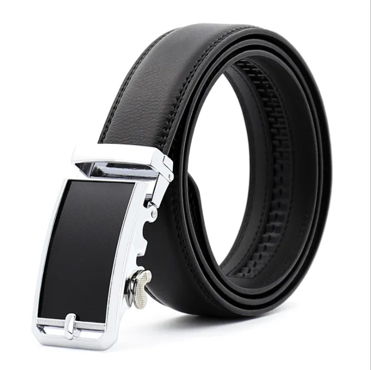 Black Belt Black Silver Buckle Mens Adjustable Ratchet Slide Buckle Belt - Genuine Leather Automatic