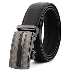Black Belt Checkered Buckle Mens Adjustable Ratchet Slide Buckle Belt - Genuine Leather Automatic