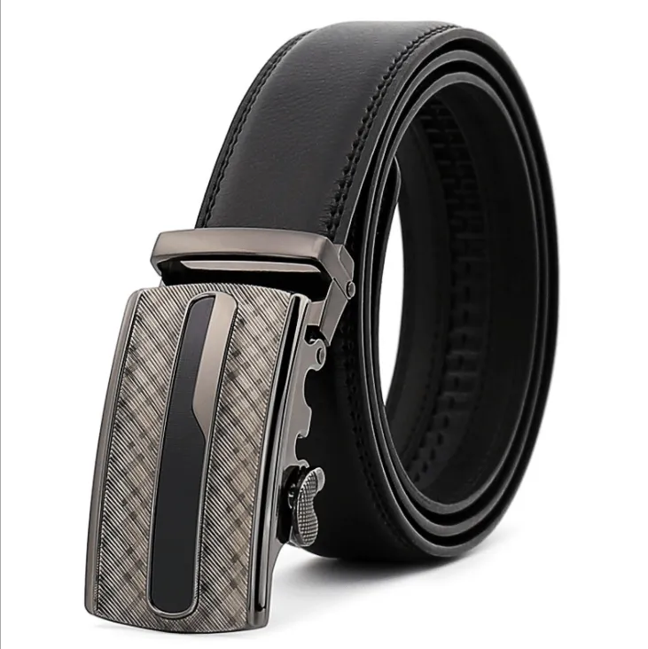 Black Belt Checkered Buckle Mens Adjustable Ratchet Slide Buckle Belt - Genuine Leather Automatic