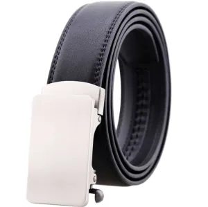 Black Belt Silver Buckle Mens Adjustable Ratchet Slide Buckle Belt - Genuine Leather Automatic