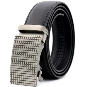 Black Belt Silver Checkered Buckle Mens Adjustable Ratchet Slide Buckle Belt - Genuine Leather