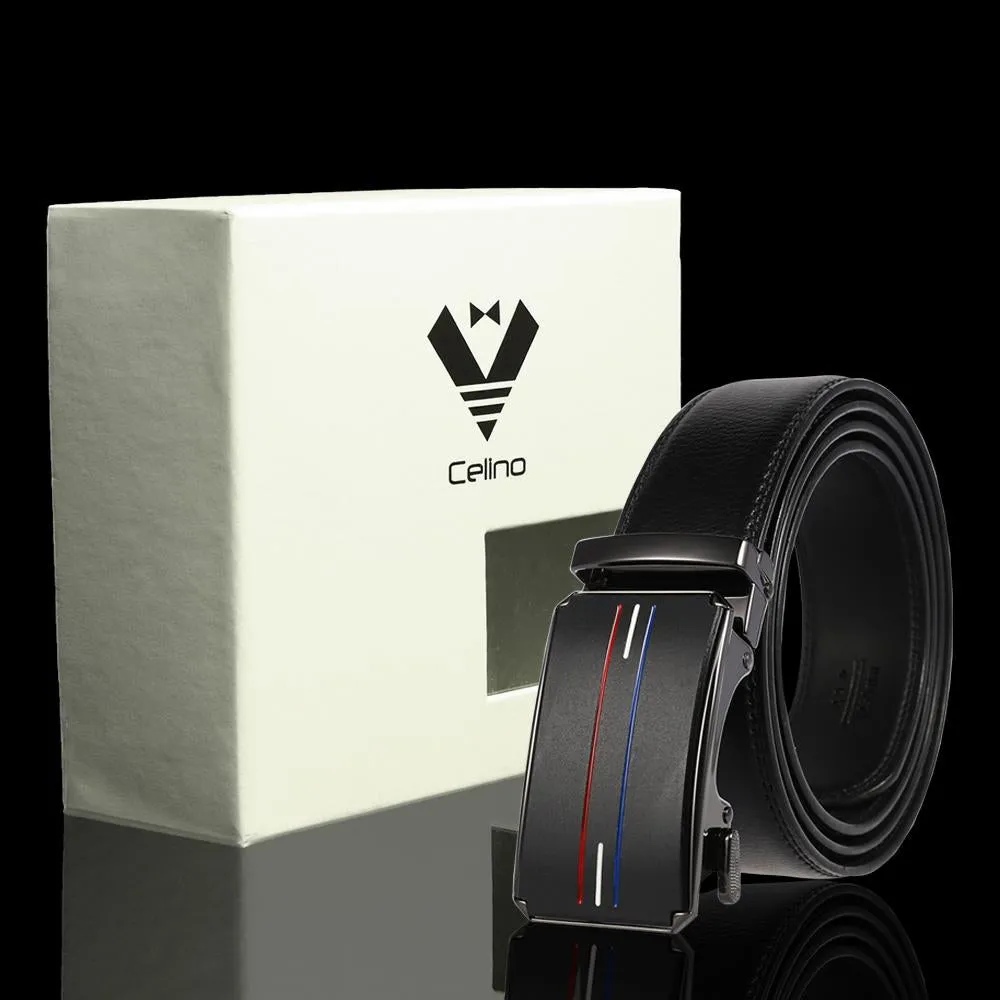 Black Buckle & Black Belt Adjustable Ratchet Slide Buckle Belt for Men - Genuine Leather Automatic