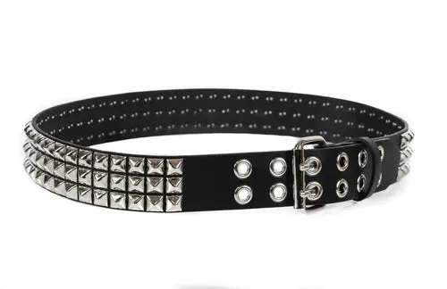 Black leather belt w/ 3 rows of silver pyramid studs and double prong closure