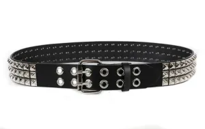 Black leather belt w/ 3 rows of silver pyramid studs and double prong closure