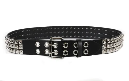 Black leather belt w/ 3 rows of silver pyramid studs and double prong closure