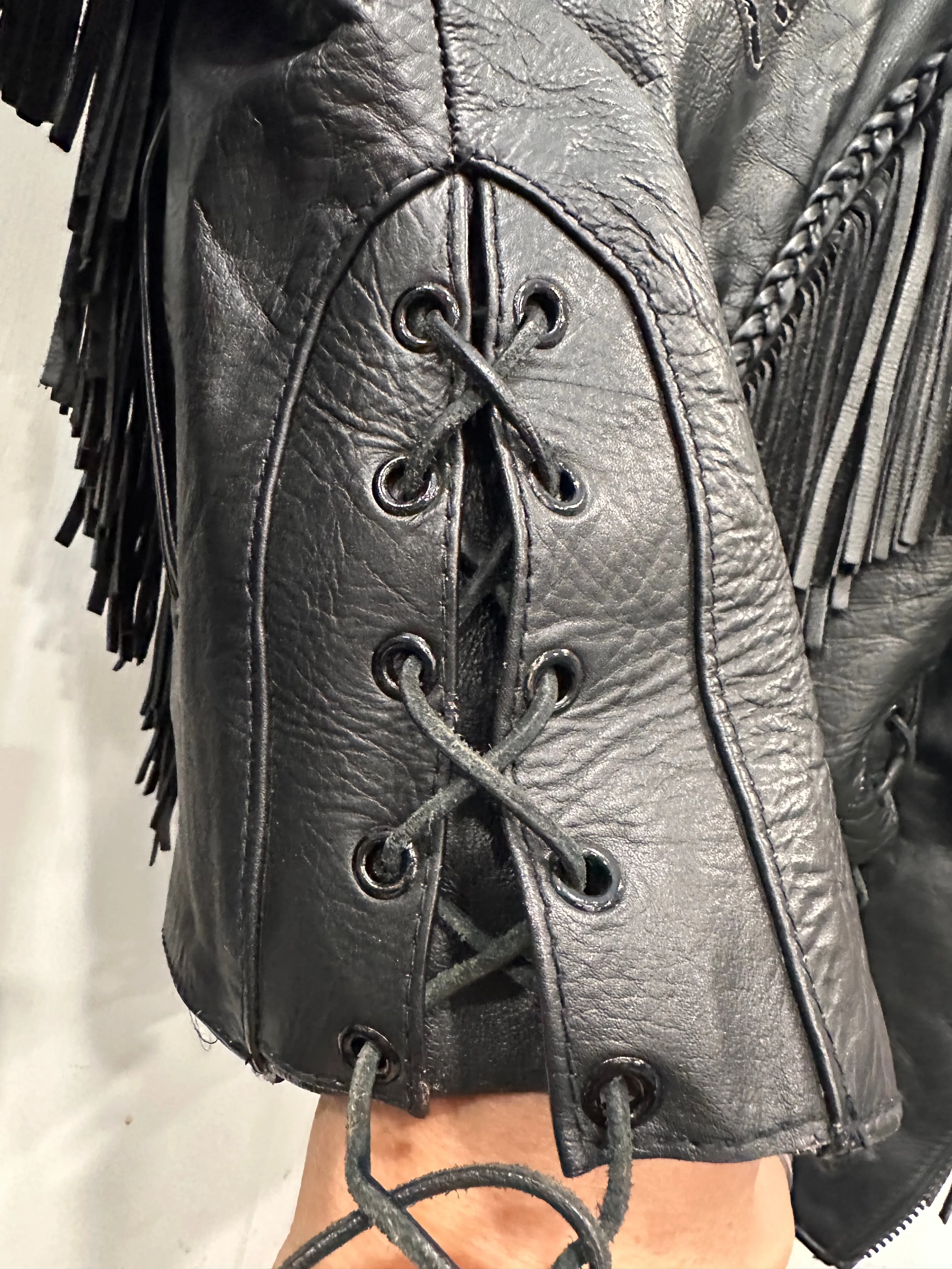 Black  Leather Motorcycle Jacket Rose Cut Tassel Small