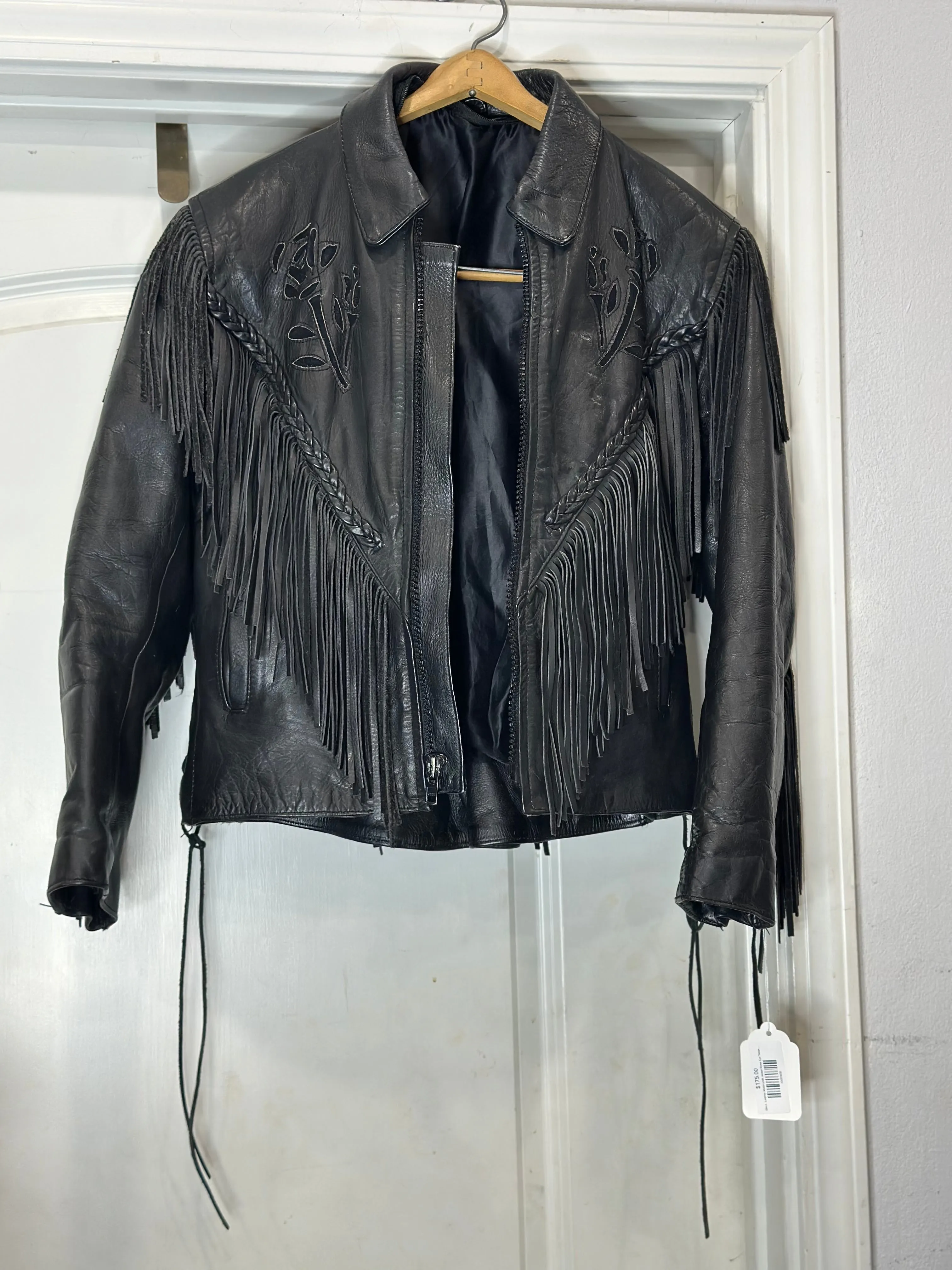 Black  Leather Motorcycle Jacket Rose Cut Tassel Small